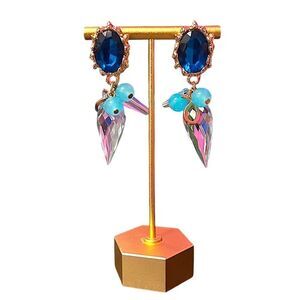 Teal Rhinestone And Blue Bead And Faux Crystal Gold Tone Dangle Earrings